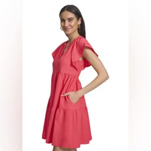 Calvin Klein Women's Flutter Sleeve V-Neck Gauze Dress Size 12 NWT Watermelon - Picture 3 of 16